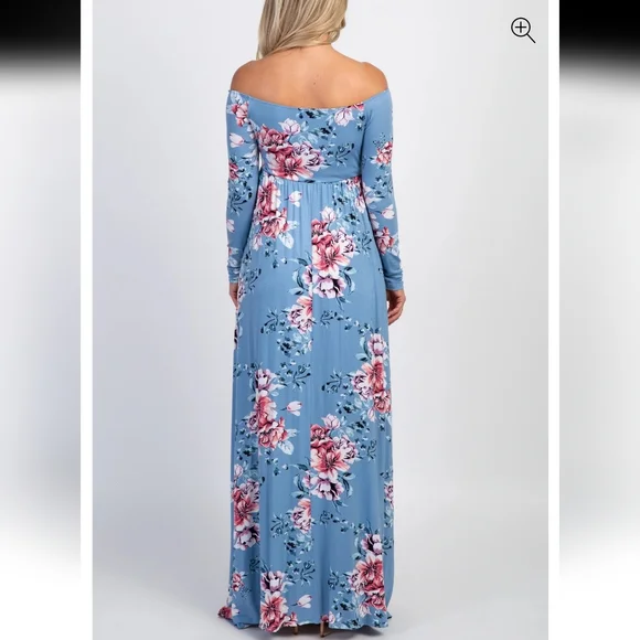 PinkBlush Light Blue Floral Off Shoulder Maternity Maxi Dress - Picture 3 of 9